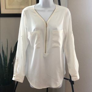 Calvin Klein Gold Zip Front Long Sleeve Blouse S